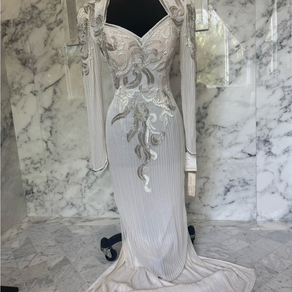 Alyce Designs White and Silver Embellished long sleeve vintage dress